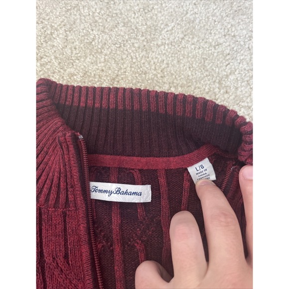 Tommy Bahama Mens Large Deep Sea Half Zip Cable Sweater in Cherry Stone - Picture 5 of 8